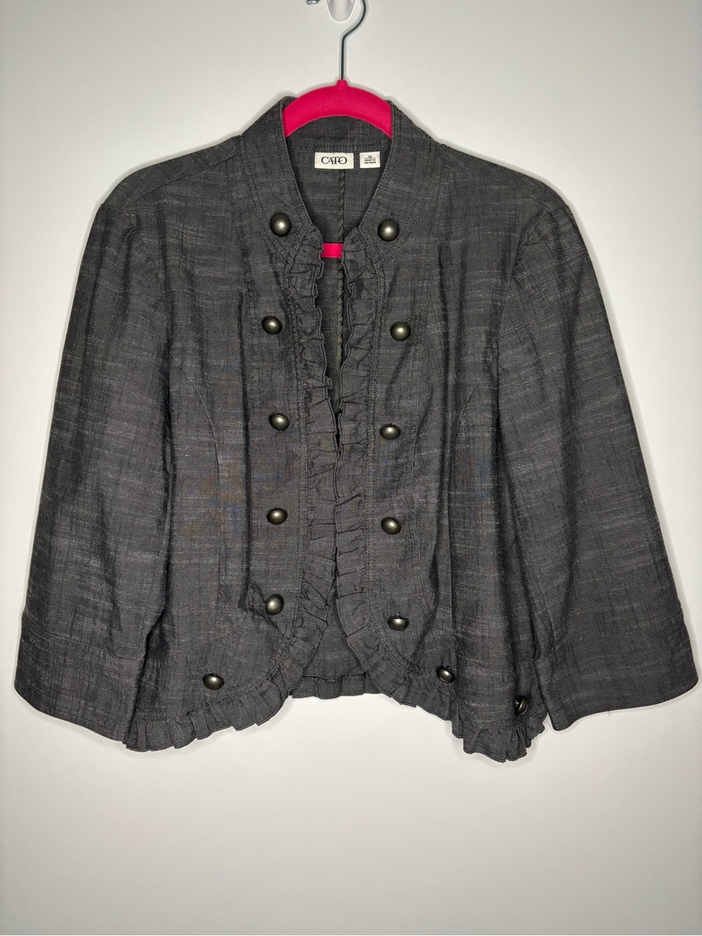 Cato Charcoal Gray Chic Ruffle Military Blazer Band Jacket 3/4 Sleeve Size XL